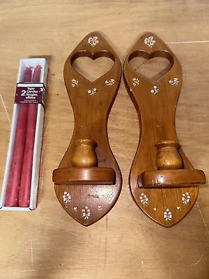 Vintage Pair Wood Wall Sconce Candle Holder Brown W/Heart Cut-Out 14” W/candles • £7.71