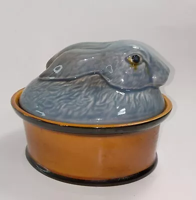 Vintage Glazed Secla Blue Nesting Rabbit Portugal Ceramic Pottery Oval Tureen • $27.29