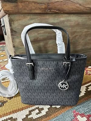 Michael Kors Jet Set Travel Xs Zip Crossbody Tote Bag Black Signature Silver • $118