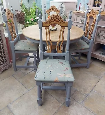 Vintage Round Oak Table And 4 Upholstered Chairs ( Delivery Within 2 Weeks ) • £295