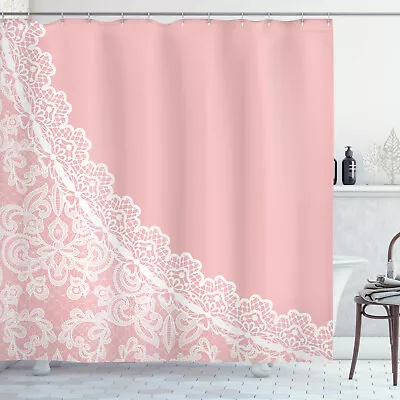 Pink White Shower Curtain Lace Style Border • £24.99