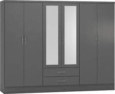 Nevada 3d Effect Grey 6 Door 2 Drawer Mirrored Wardrobe • £377.99