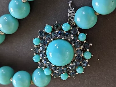 Gorgeous Vintage Crown Trifari Faux Turquoise Bead Rhinestone Pendant Necklace • $79.99