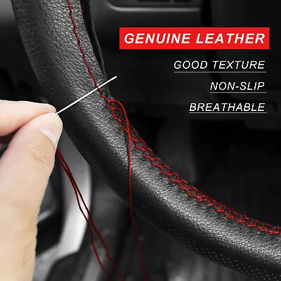 Black/RED GENUINE CowhideLeather Car Steering Wheel Cover Sew On For Holden • $19.99