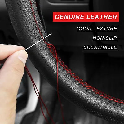 Black/RED GENUINE CowhideLeather Car Steering Wheel Cover Sew On ForHolden • $15.90