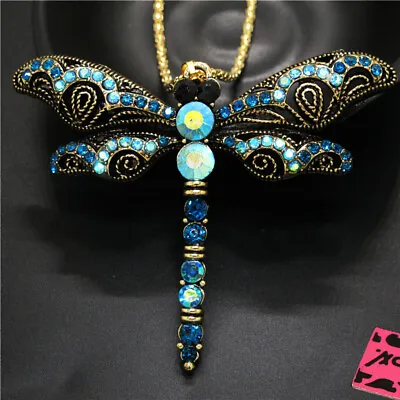 New Fashion Women Blue Enamel Cute Dragonfly Crystal Pendant Chain Necklace • $3.95