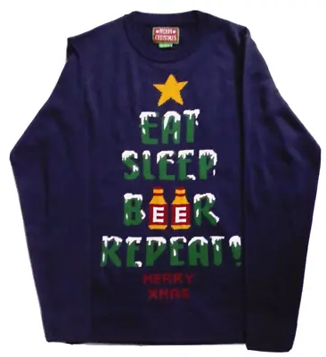  Eat Sleep Beer Repeat Merry Xmas Blue Christmas Jumper Sz L Preloved Funny • £17.99