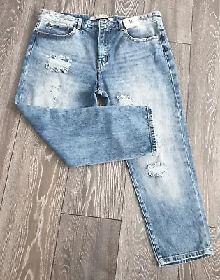 1980s Style High Waisted Acid Wash Distressed Ripped Cropped Boyfriend Jeans 14  • £10