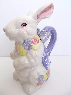 Beautiful White  Bunny Rabbit Ceramic Pitcher With Purple Ribbon    10” Tall • $9.75