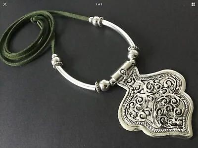 Long GREEN Suede Necklace With A Large Ethnic Tibetan Silver Pendant Lagenlook • £4.49