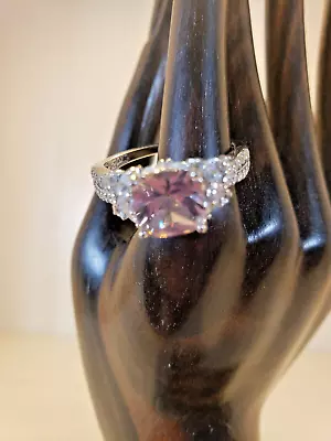 Sterling Silver Pink And Clear CZ Ring Signed E CZ 925 Vietnam Size 9.5 • $32