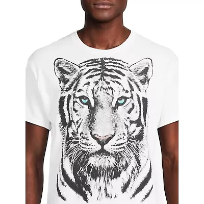 Humor Mens White Tiger Print Graphic T-Shirt Black Blue Eyes Animal Size 3XL • $19.99