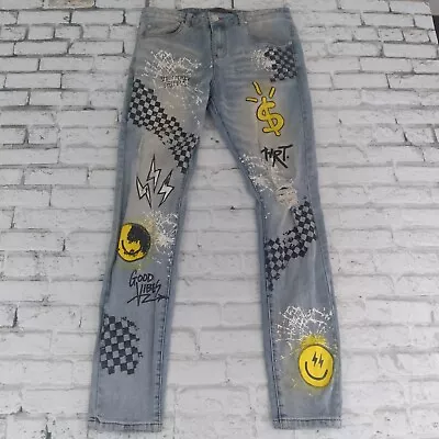 THRT Jeans Mens 34 Blue Denim Shattered Dreams Graffiti Smile Yellow Streetwear • $39.99