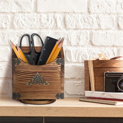£15.92 • Buy Rotating Remote Control Holder Caddy Wooden Desktop Office Pen Pencil Holder Box