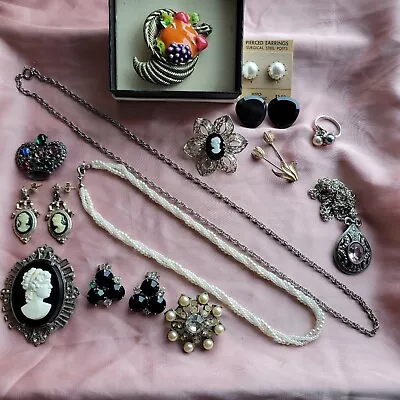 Antique And Vintage Jewelry Lot Cameo Earrings Brooch Faux Pearls Napier Germany • $39.99