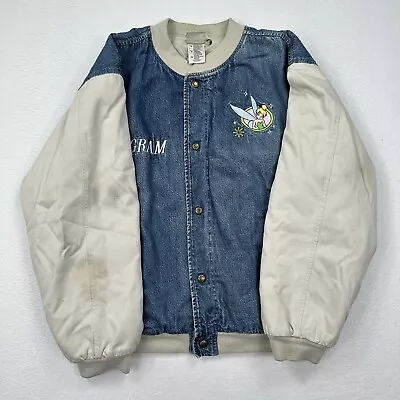 Vintage Disney Tinkerbell Embroidered Denim Varsity Jacket Size Medium Khaki • $89.95