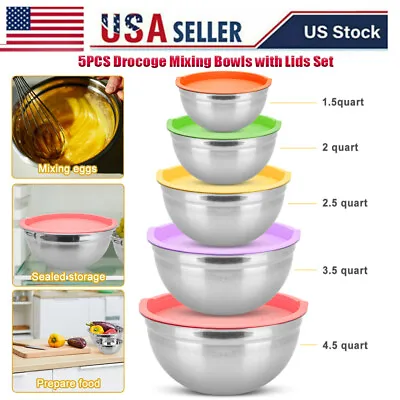 Stainless Steel Mixing Bowls 5 Piece Bowl Set With Lids For Mixing & Serving USA • $28.28