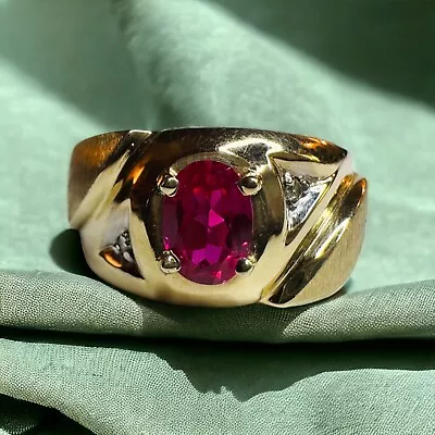 10k Gold Ruby Ring Sz 9 Vintage Mens Ring 1/3CTTW Ruby & Diamond Cigar Ring 4.3g • $450