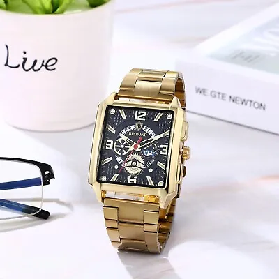 Top Luxury Men's Gold Watch Jewelry Square Stainless Steel Auto Date Gift NEW • $15.52