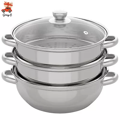 3 Tier Steamer Hot Pot Stainless Steel Cooker Steam Pot Food Cooking + Glass Lid • $40