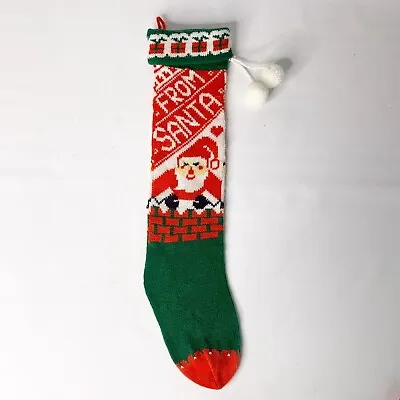 Vintage Knit Christmas Stocking Santa Claus Red Green Yarn Crochet Smoke-FREE • $17.99