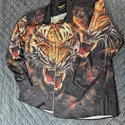 Premiere Button Front Black Tiger Print Shirt Men's 4XL Afterparty Exotic • $29.99