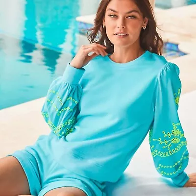 Lilly Pulitzer Alla Terry Sweatshirt Top Eyelet Embroidered Oversized XS 266822 • $24.94