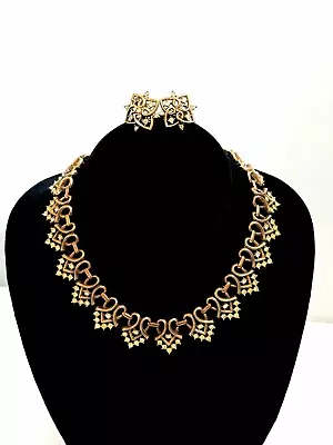 Vintage Signed Trifari Pat Pend Gold Tone Rhinestone Necklace And Earrings Set • $145
