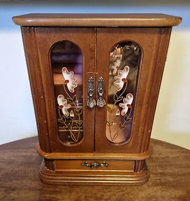 Vintage Large Wooden Jewellery Box Wardrobe Style Double Stained Glass Doors • £22.99