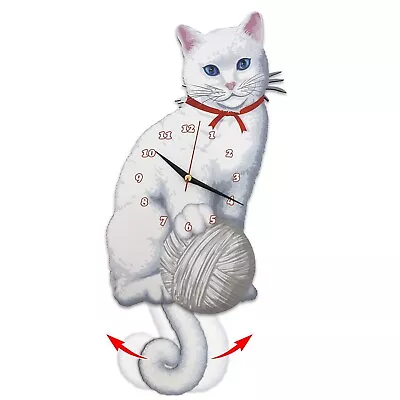 White Cat Swinging Tail Wall Clock Moving Tail Cat Wall Clock Gift For Cat Lover • $49.99