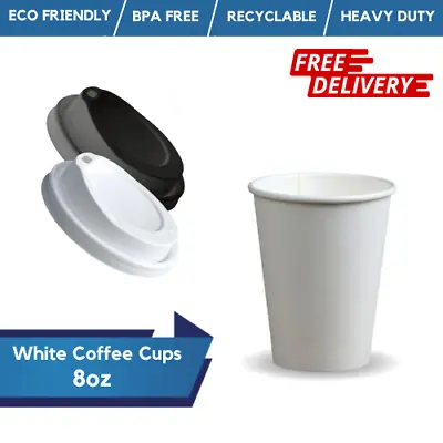 Disposable White Coffee Cups Single Wall 8oz & 12oz White Paper Cup Reusable Lid • £5.99