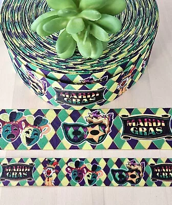 7/8 & 1.5 (1 YD) Mardi Gras Grosgrain Ribbon Fleur De Les Jester Mardi Gras Mask • $1.20