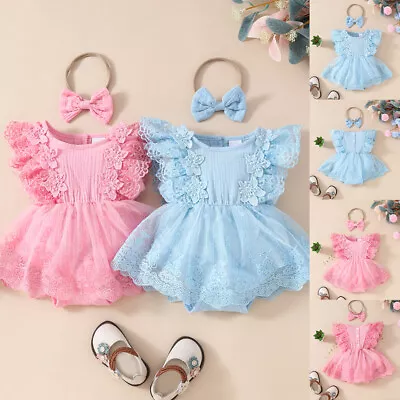 Newborn Baby Girls Lace Ruffle Floral Bodysuit Romper Headband Outfit Clothes • £8.79