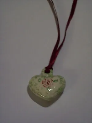 Vintage Ceramic Hand-painted Heart Pendant With Shiny Finish And Rose • $3.85