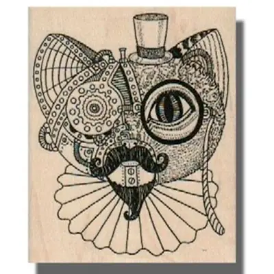 Wood Rubber Stamp Steampunk Cat Animal Gears Eye Moustache Gear Art Stamp • $11.85