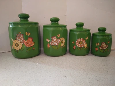 $47.49 • Buy Vintage 1970's Kromex Nesting Canister Set Avocado Green Flowers Butterflies MCM