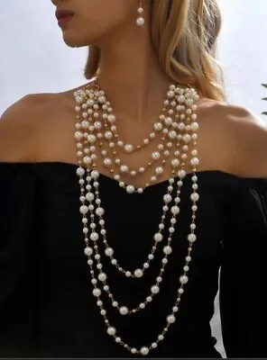 Long White Gold Big Pearl Multi Strand Layered Bead Chunky Jewelry Necklace Set • $15.95