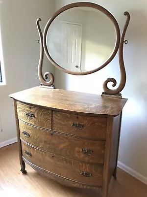 American Quarter Sawn Oak Barrel Front Dresser With Beveled Mirror • $450