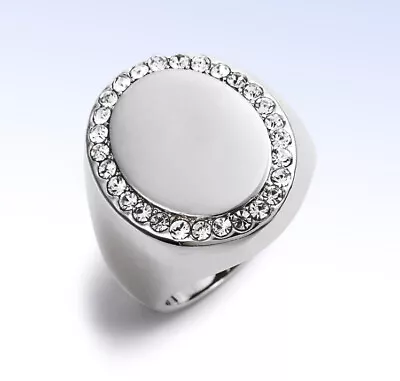 VINCE CAMUTO Silver-Tone Crystal Pavé Oval Signet Ring - Size 7 • $18.95