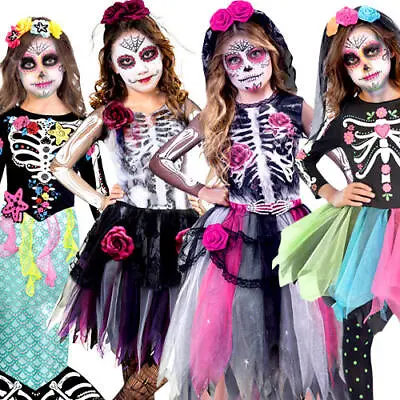 Day Of The Dead Girls Fancy Dress Skeleton Bones Halloween Childrens Kid Costume • £15.99