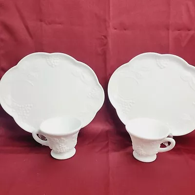 2 Sets 4 Piece Colony Harvest Milk Glass Snack Set Tea Cups Plates White Vintage • $19.99
