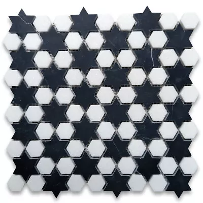 T31G1XH Thassos White Marble Starry Night Hexagram Hexagon Mosaic Tile Black • $31.99