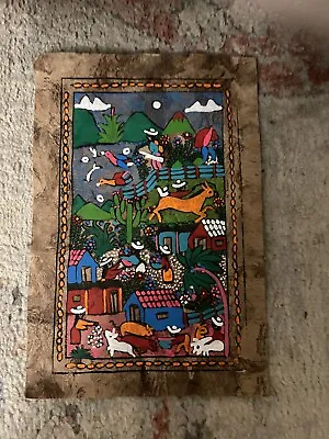 Vintage Mexico Mexican Amate Bark Paper Painting Folk Art Village Colorful 8x11 • $39