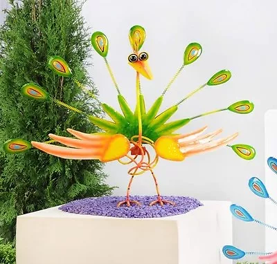Peacock Garden Statue 13.7  High Metal Zany Bird Animated Bright Colors Home • $26.24