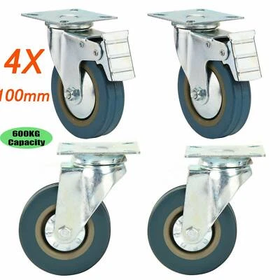 £12.39 • Buy 4XHeavy Duty 600KG 100mm Rubber Swivel Castor Wheels Furniture Trolley Caster UK