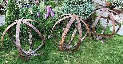 Garden Metal Sphere Sculpture Reclaimed Rusty Whisky Barrel Hoop Ring 57-65cm • £35