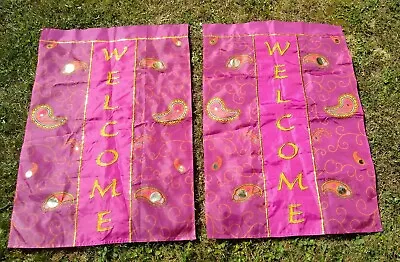 Welcome Flags 38x26”” Pr Of 2 Gold Trim Bright Bold Indian Design Banners 2/2 • $15