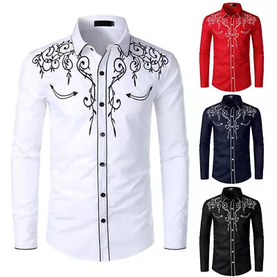 Mens Western Cowboy Shirt Long Sleeve Retro Embroidery Casual Buttons Down Shirt • $23.99