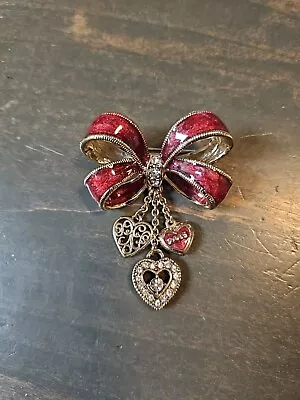 Vintage MONET Signed 2005 Red 3D Enamel Bow With Heart Charms Brooch Pin Jewelry • $12.49