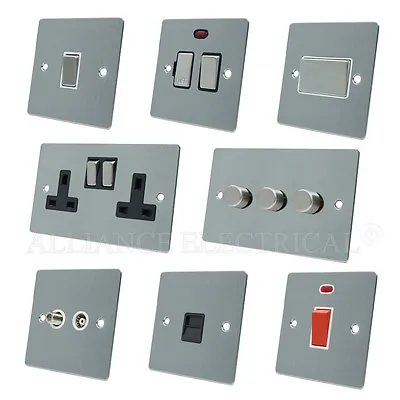 Full Range Brushed Satin Chrome Flat Sockets Switches Dimmers Black Metal Rocker • £7.20